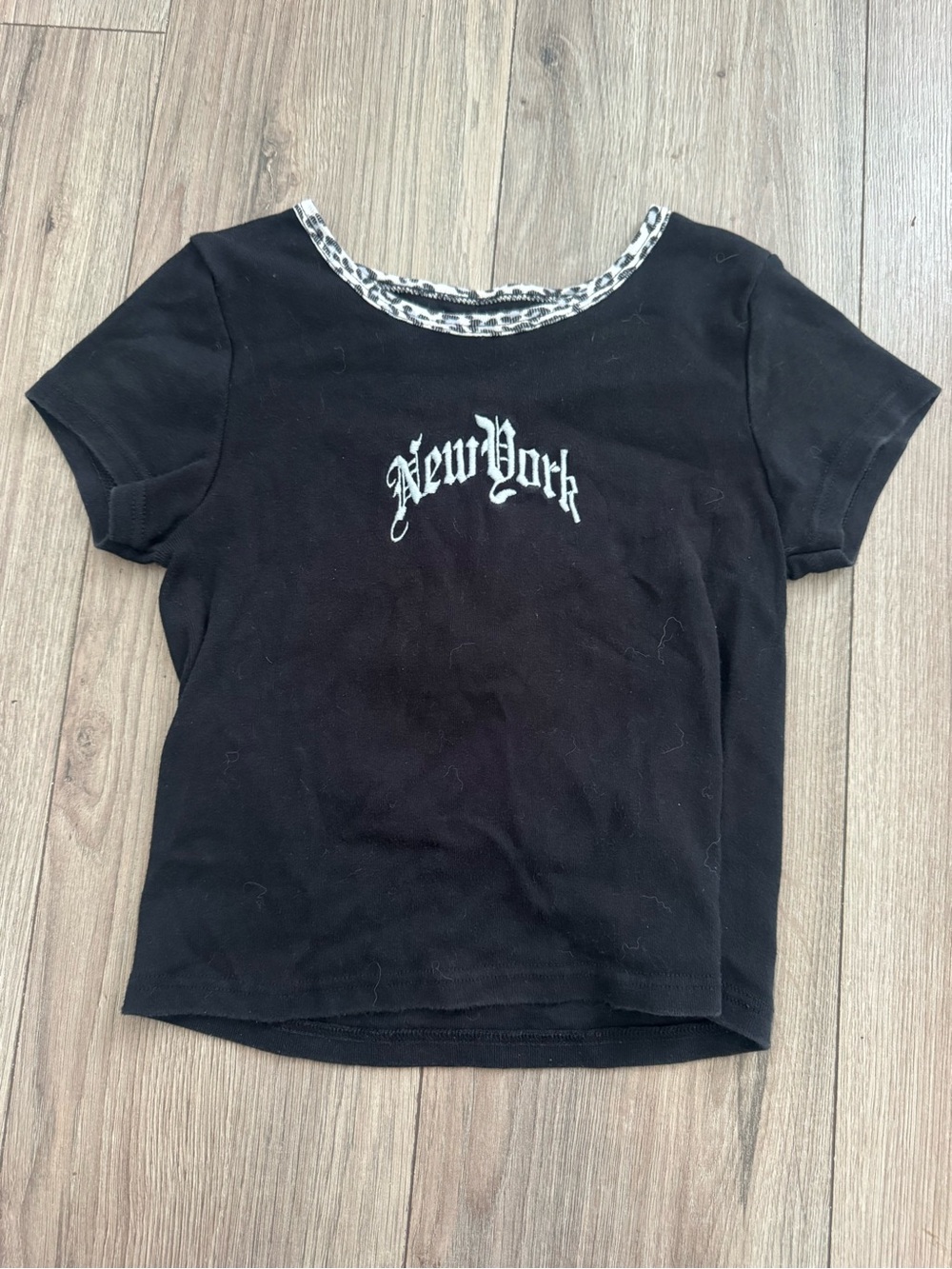 Brandy Melville Black 'New York' Graphic Tee with Leopard Trim